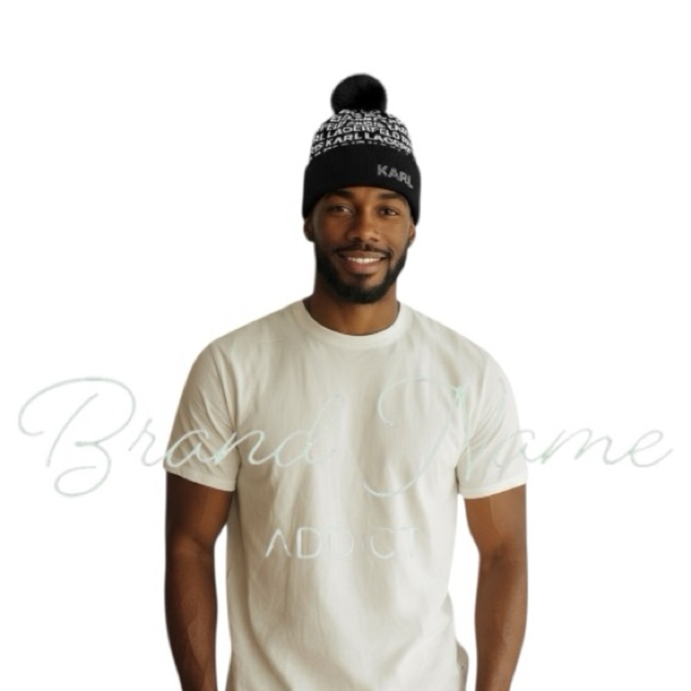 PRICE IS FIRM - Karl Lagerfeld Black and White Logo Pom Beanie Hat - Picture 4 of 6